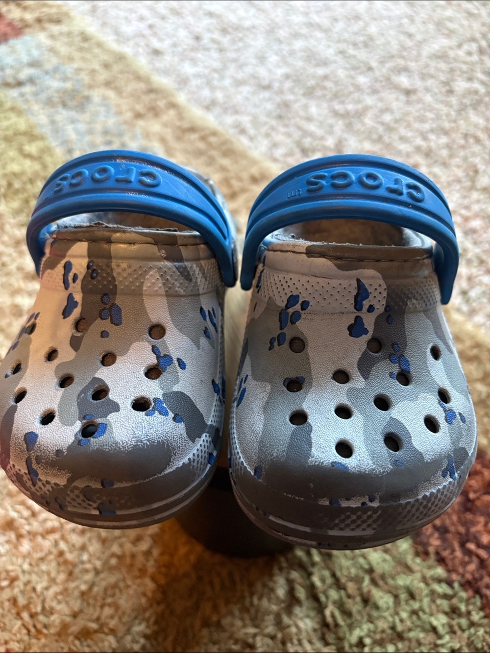 CROCS Kids' Gray Camo Clogs with Blue Strap Accents